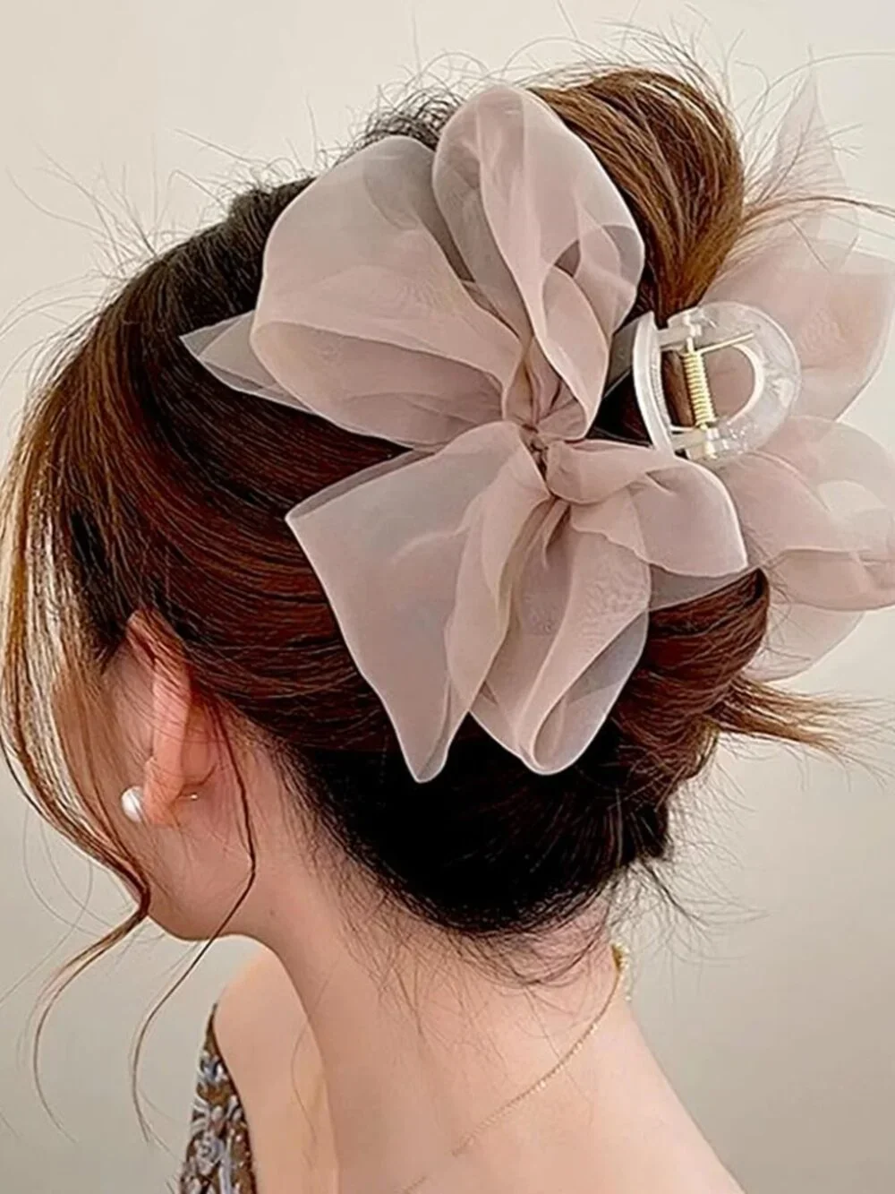 Hair Clip, Light Coffee Chiffon Bowknot Hair Claw Clips for Thick Hair, Large Cl - Picture 1 of 8